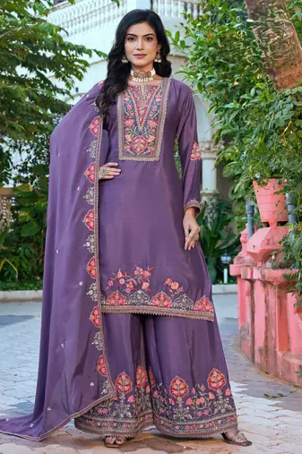 purple chinon embroidered palazzo suit set