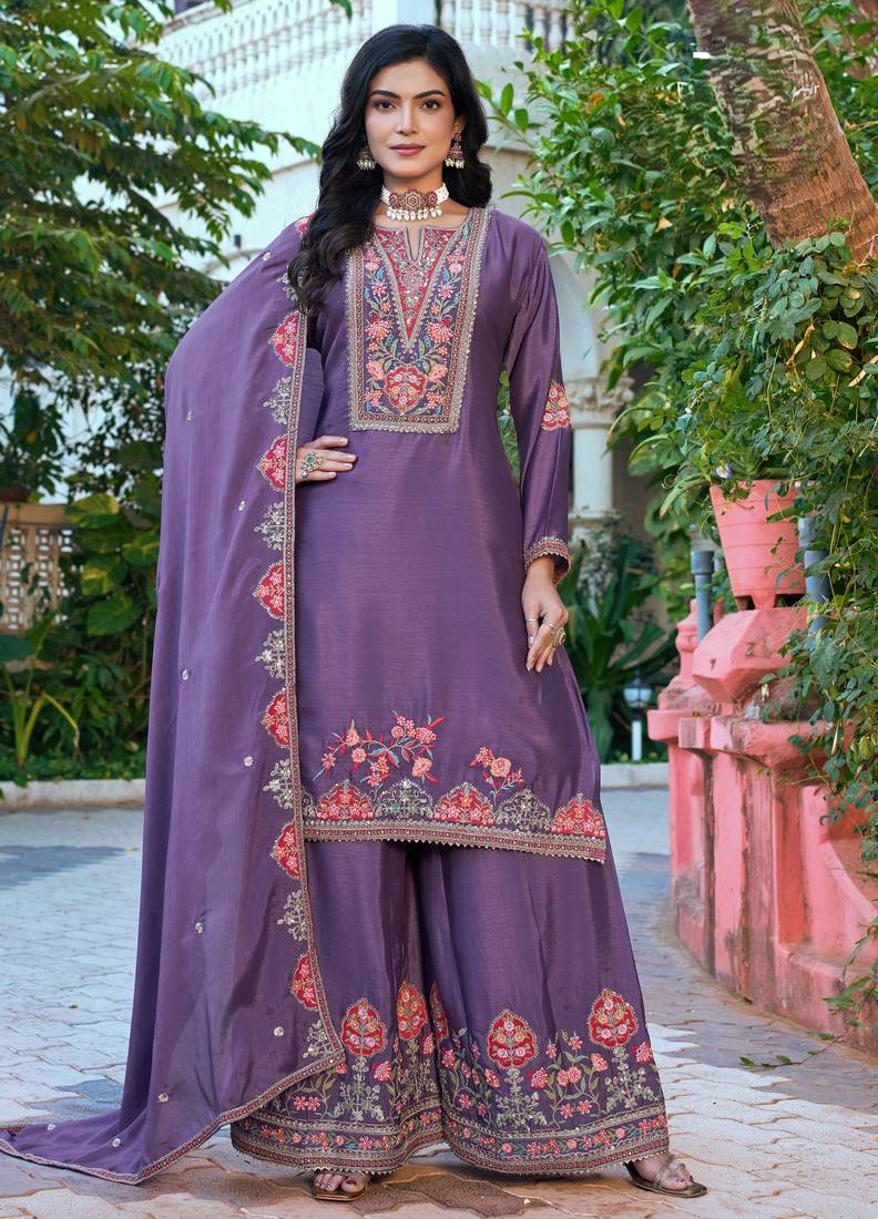 Purple embroidered chinon palazzo style salwar suit