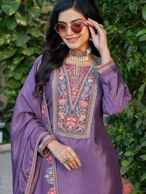 purple chinon embroidered palazzo suit set 2