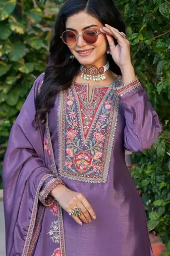 purple chinon embroidered palazzo suit set