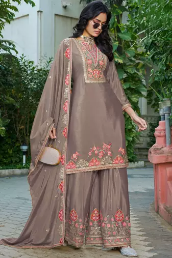 brown chinon embroidered palazzo suit set