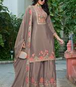 Brown embroidered chinon palazzo style salwar suit