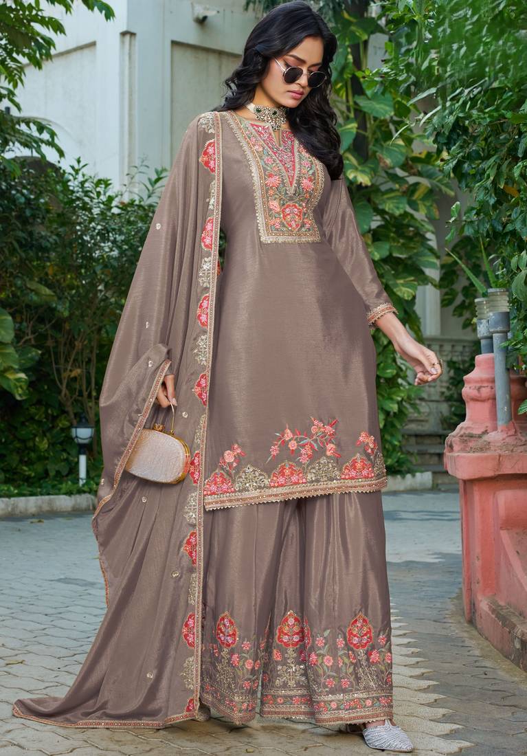 Brown embroidered chinon palazzo style salwar suit