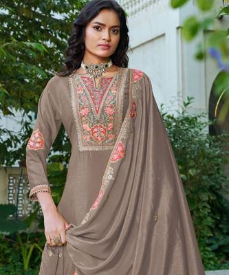 brown chinon embroidered palazzo suit set 2