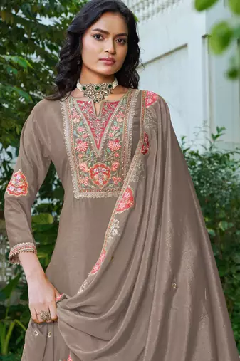 brown chinon embroidered palazzo suit set