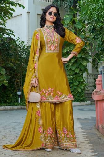yellow chinon embroidered palazzo suit set