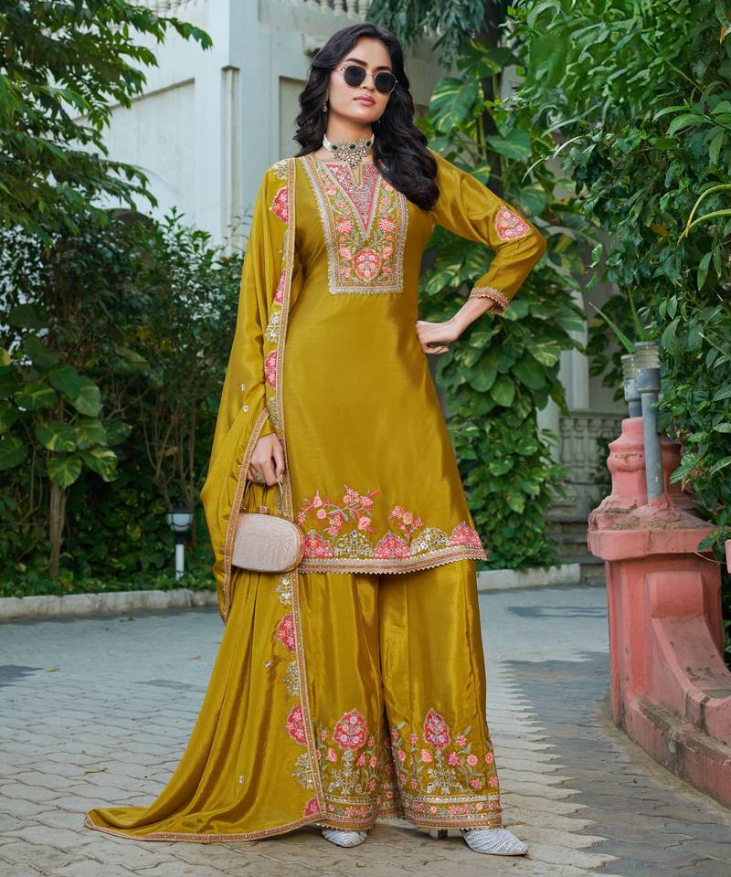 Yellow embroidered chinon palazzo style salwar suit