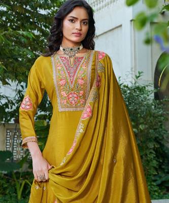 yellow chinon embroidered palazzo suit set 2