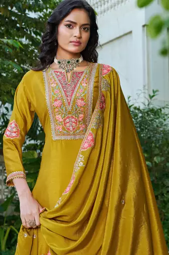 yellow chinon embroidered palazzo suit set