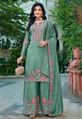 green chinon embroidered palazzo suit set 1