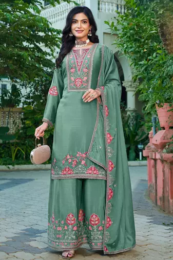 green chinon embroidered palazzo suit set