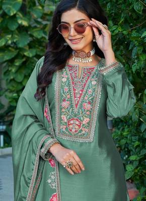 green chinon embroidered palazzo suit set 2