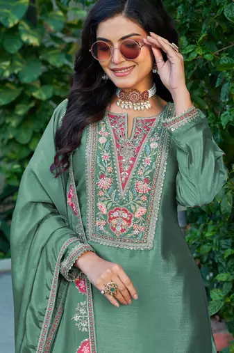 green chinon embroidered palazzo suit set