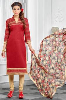 Red embroidered Chanderi cotton unstitched salwar with dupatta
