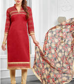 Red embroidered Chanderi cotton unstitched salwar with dupatta