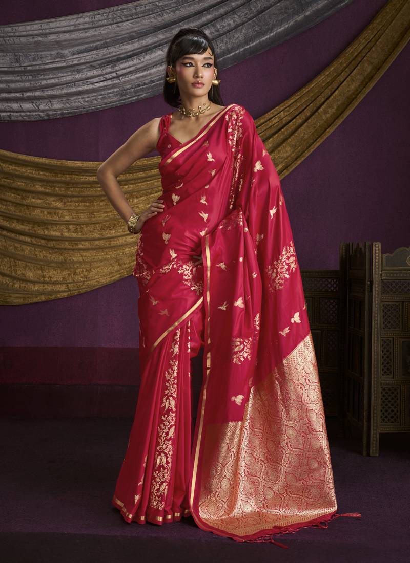 red pure satin handloom weaving silk saree with tussle pallu