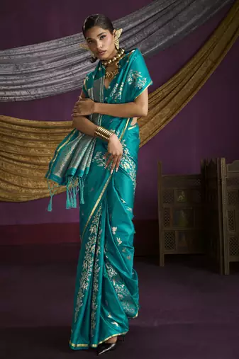 teal pure satin handloom weaving silk saree with tussle pallu