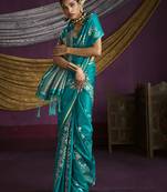 teal pure satin handloom weaving silk saree with tussle pallu