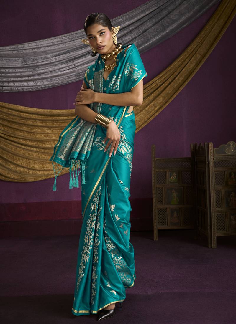 teal pure satin handloom weaving silk saree with tussle pallu