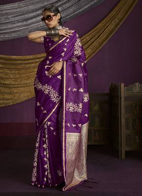 dark magenta pure satin handloom weaving silk saree with tussle pallu 1