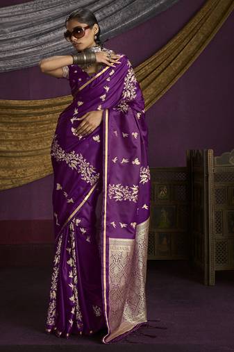 dark magenta pure satin handloom weaving silk saree with tussle pallu