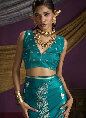 teal pure satin handloom weaving silk saree with tussle pallu 3