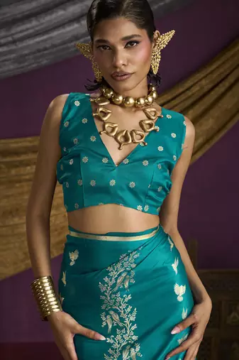 teal pure satin handloom weaving silk saree with tussle pallu