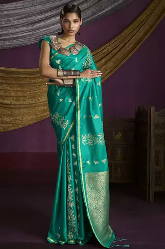 turquoise  pure satin handloom weaving silk saree with tussle pallu