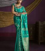 turquoise  pure satin handloom weaving silk saree with tussle pallu