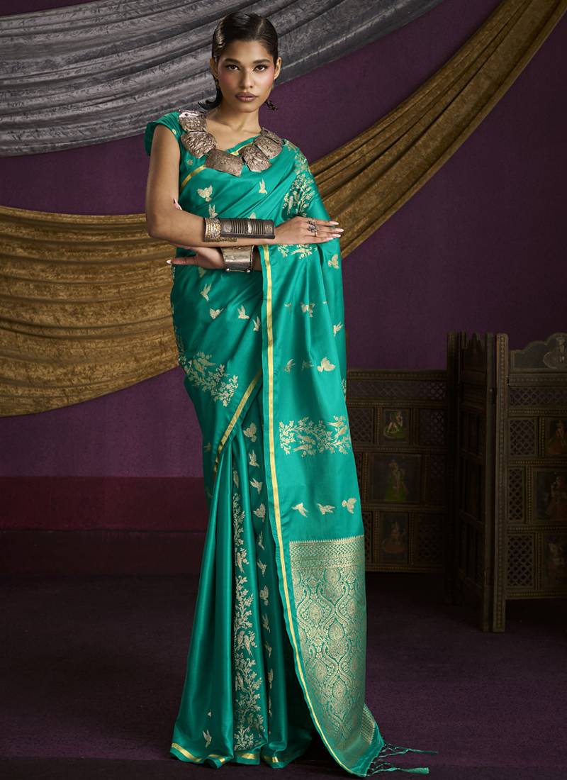 turquoise  pure satin handloom weaving silk saree with tussle pallu