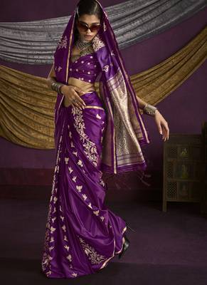 dark magenta pure satin handloom weaving silk saree with tussle pallu 2