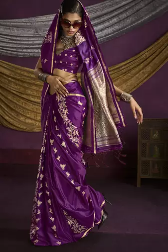 dark magenta pure satin handloom weaving silk saree with tussle pallu