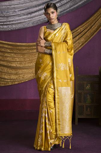 yellow pure satin handloom weaving silk saree with tussle pallu