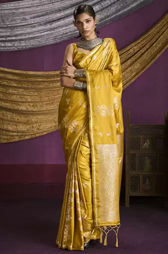 yellow pure satin handloom weaving silk saree with tussle pallu