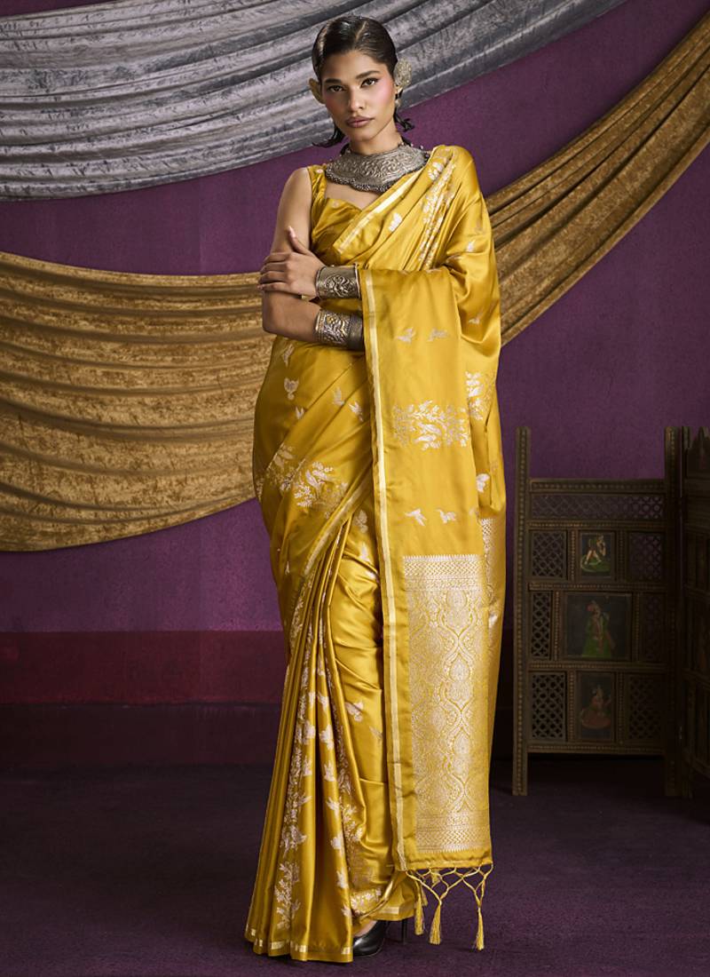 yellow pure satin handloom weaving silk saree with tussle pallu