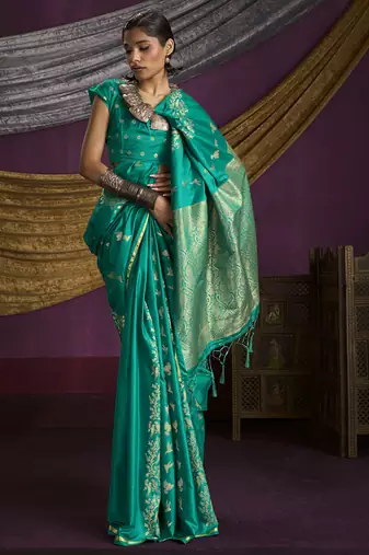 turquoise  pure satin handloom weaving silk saree with tussle pallu