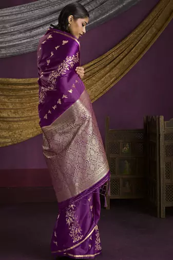 dark magenta pure satin handloom weaving silk saree with tussle pallu