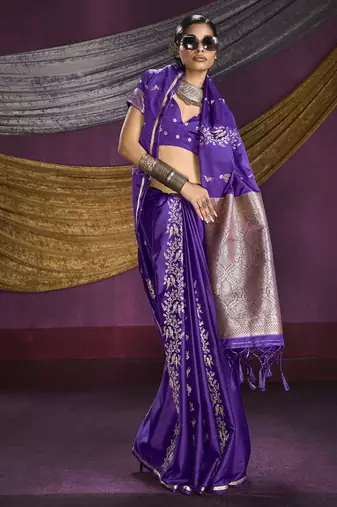 purple pure satin handloom weaving silk saree with tussle pallu