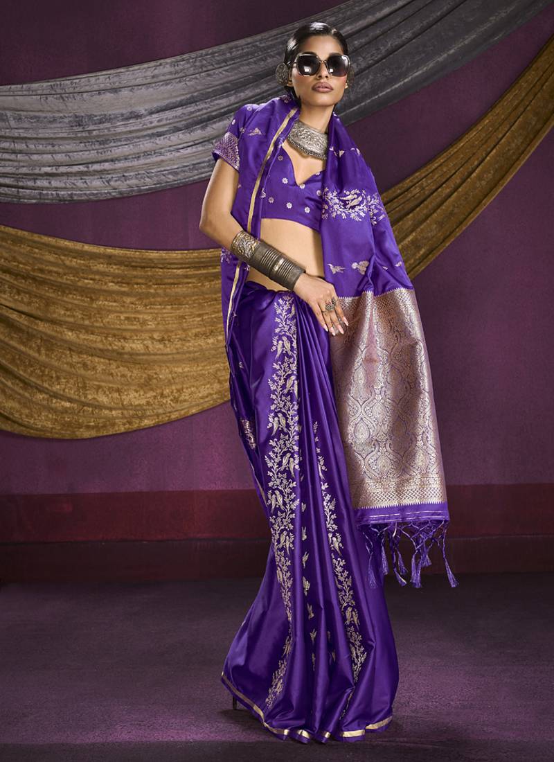 purple pure satin handloom weaving silk saree with tussle pallu
