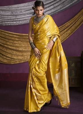 yellow pure satin handloom weaving silk saree with tussle pallu 2