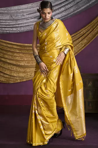 yellow pure satin handloom weaving silk saree with tussle pallu