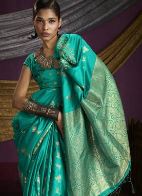 turquoise  pure satin handloom weaving silk saree with tussle pallu 3