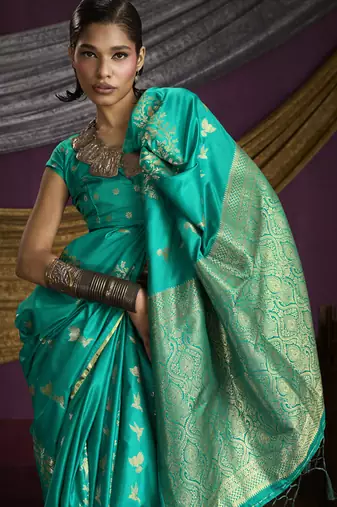 turquoise  pure satin handloom weaving silk saree with tussle pallu