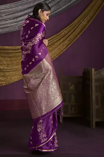 dark magenta pure satin handloom weaving silk saree with tussle pallu