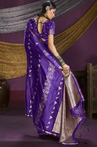 purple pure satin handloom weaving silk saree with tussle pallu