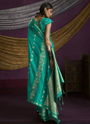 turquoise  pure satin handloom weaving silk saree with tussle pallu 4
