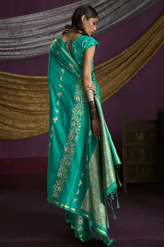 turquoise  pure satin handloom weaving silk saree with tussle pallu