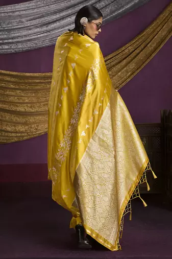 yellow pure satin handloom weaving silk saree with tussle pallu