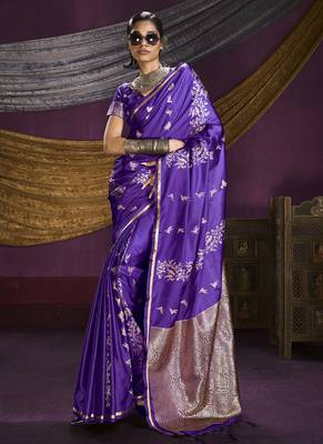 purple pure satin handloom weaving silk saree with tussle pallu 3