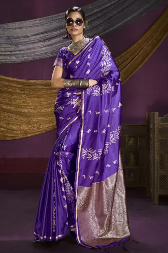 purple pure satin handloom weaving silk saree with tussle pallu